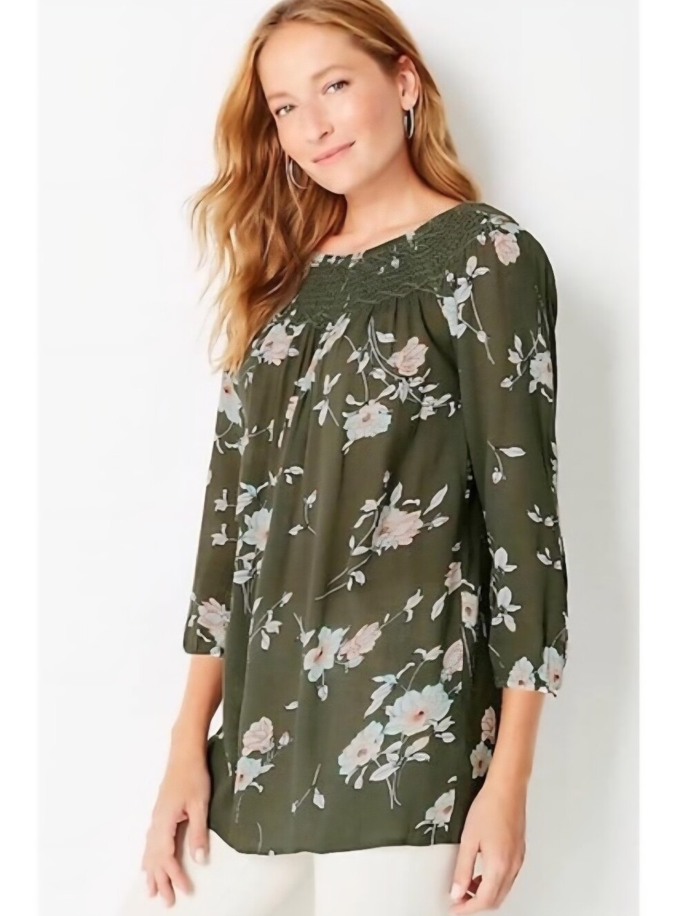 J.Jill Green Floral Print Smocked Cotton & Rayon Tunic Size Medium Petite MP EUC
